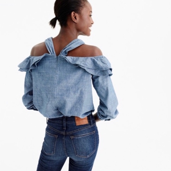 🔥 J. Crew Off the Shoulder Tie Neck Chambray Top - Picture 5 of 5
